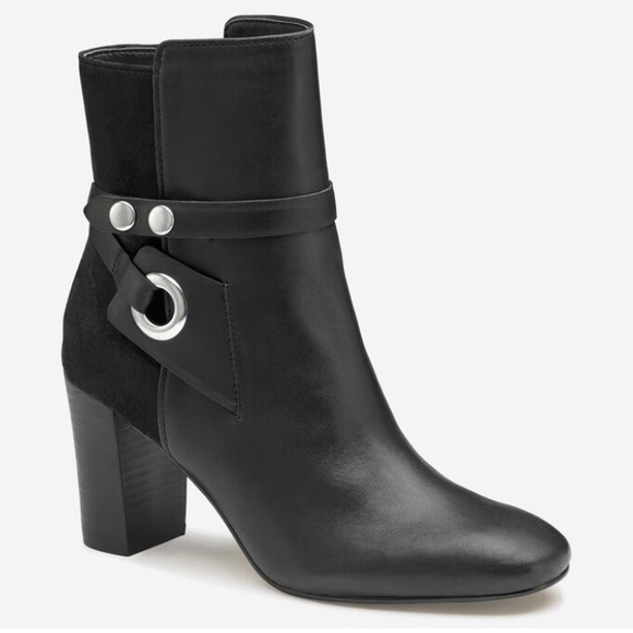 Johnson and Murphy black glove leather/ suede, block heel boots. - Picture 2 of 6